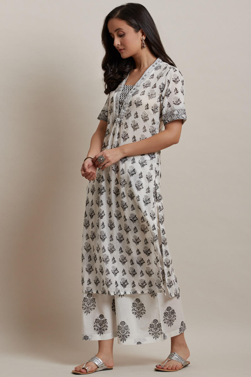 White Block Printed Straight Cotton Kurta