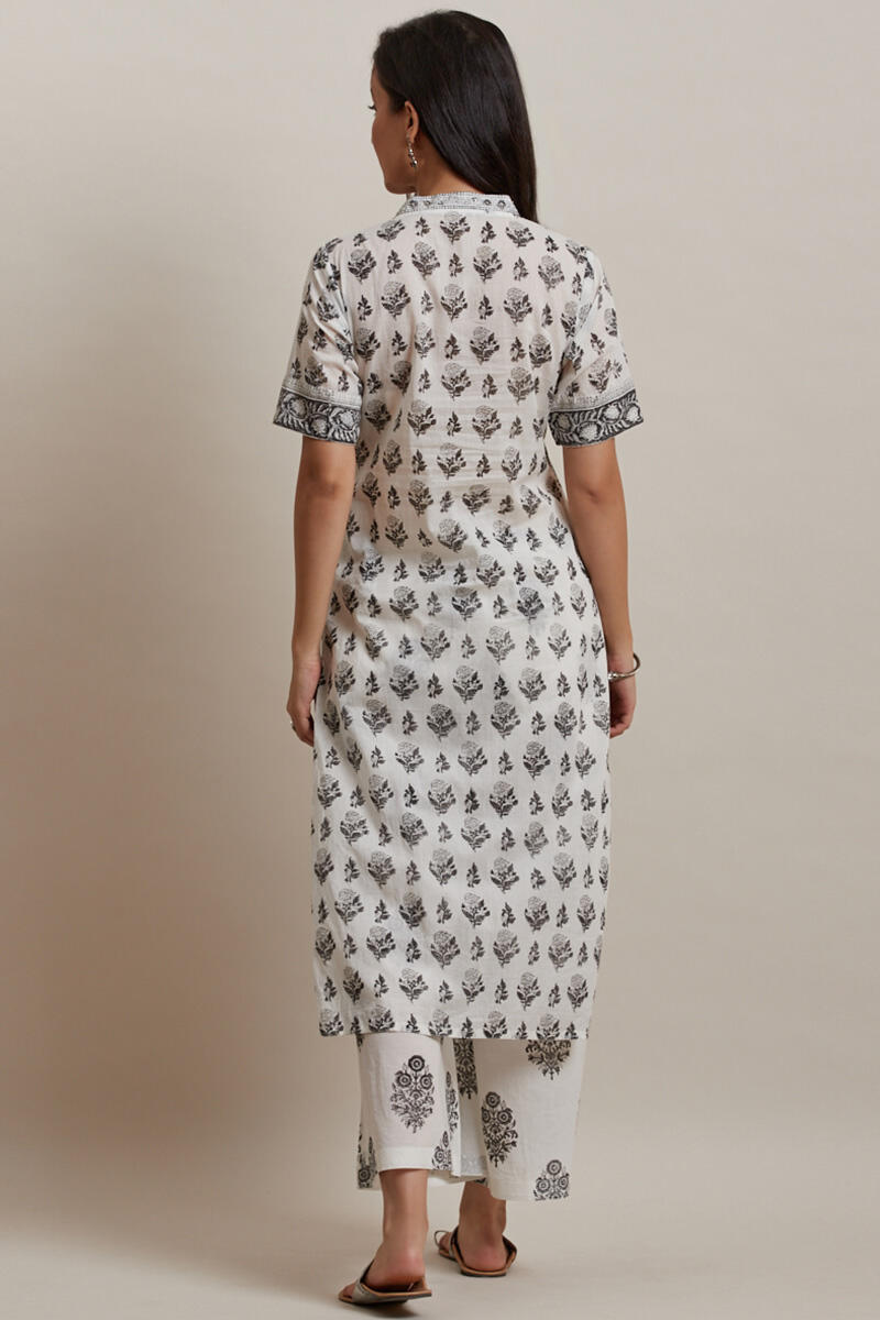 White Block Printed Straight Cotton Kurta