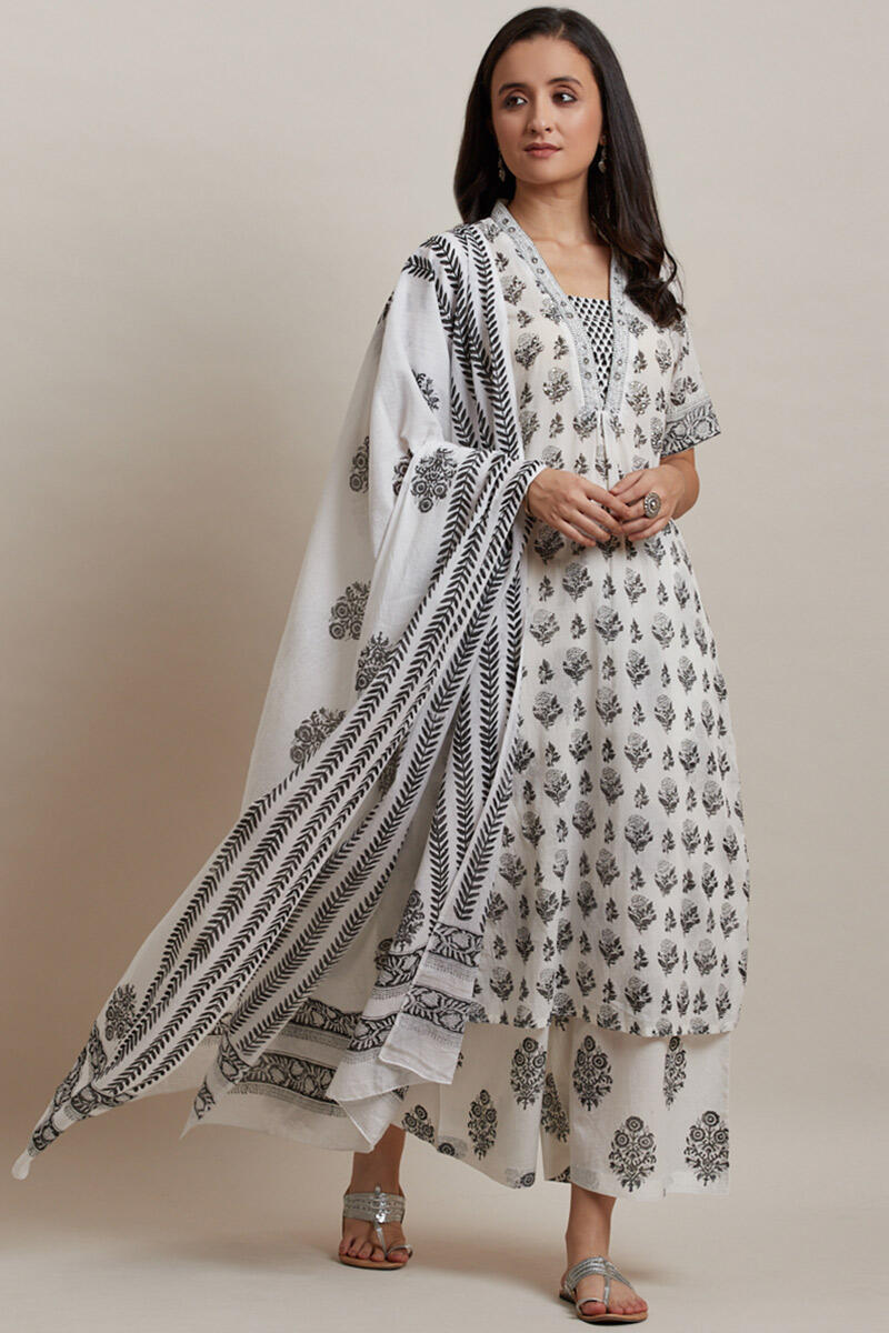 White Block Printed Straight Cotton Kurta
