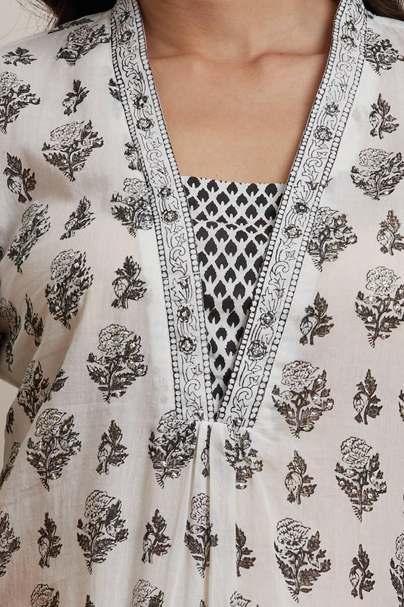 White Block Printed Straight Cotton Kurta