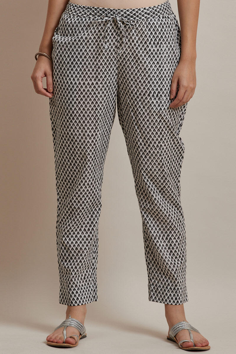 Black Block Printed Cotton Narrow Pants