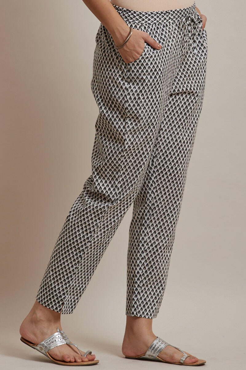 Black Block Printed Cotton Narrow Pants