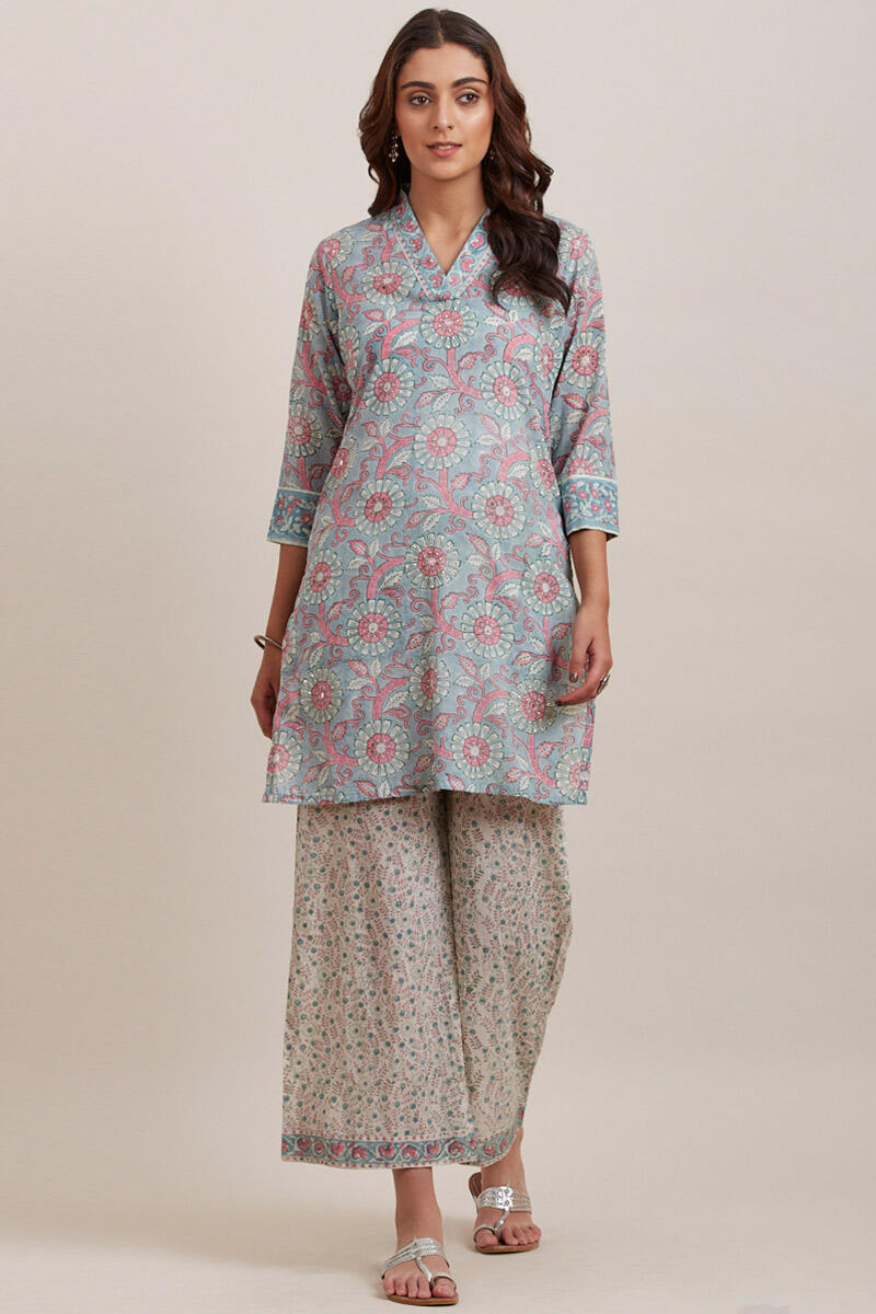 Blue Block Printed Short Cotton Kurta
