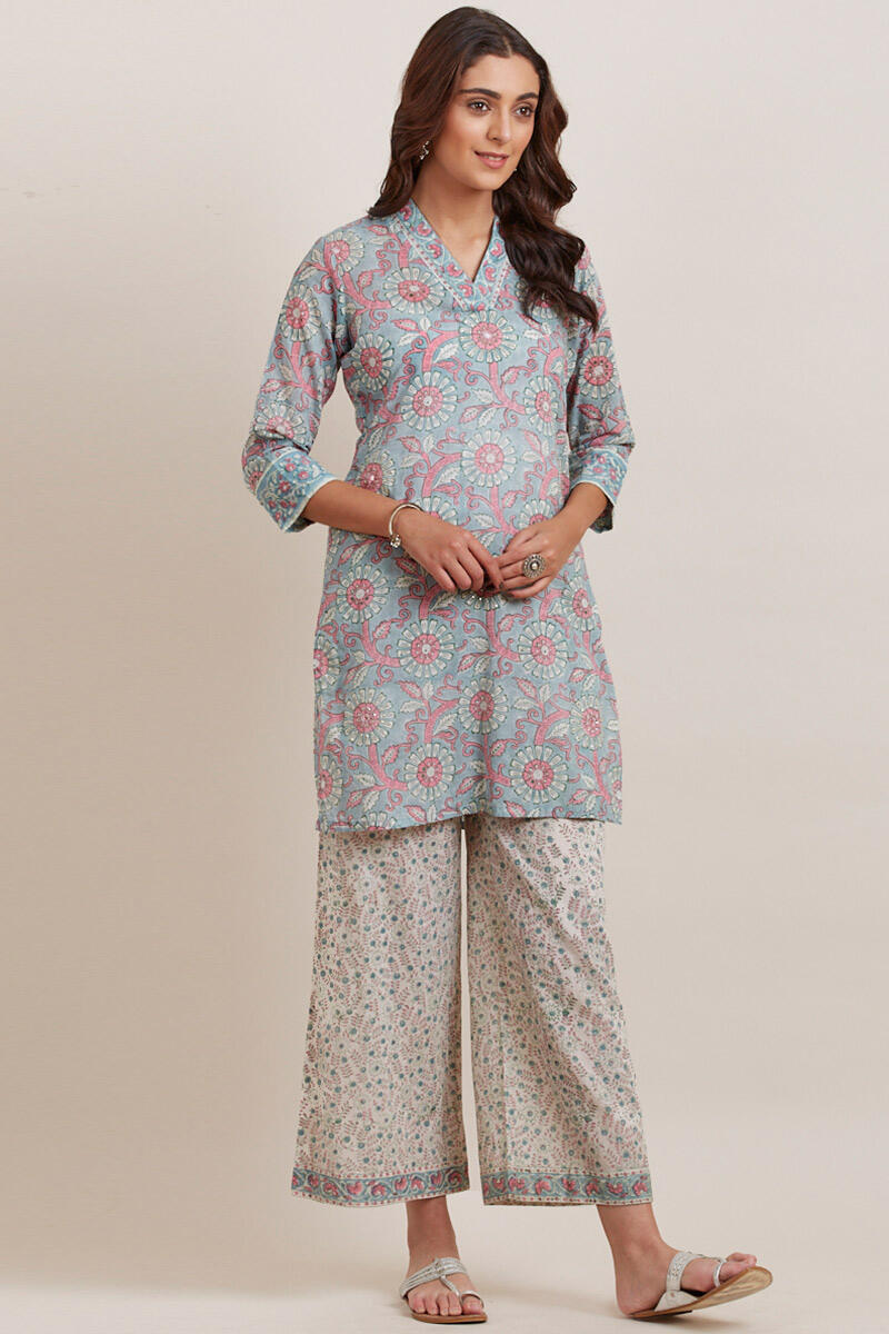 Blue Block Printed Short Cotton Kurta