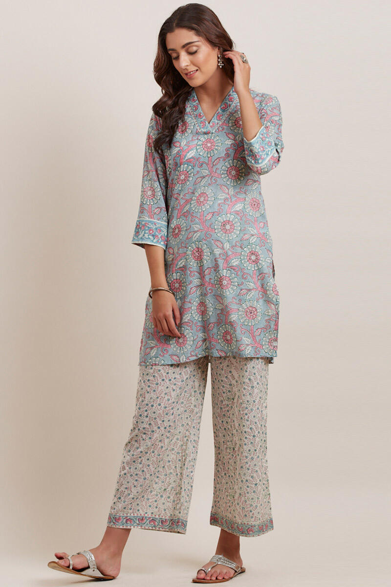 Blue Block Printed Short Cotton Kurta