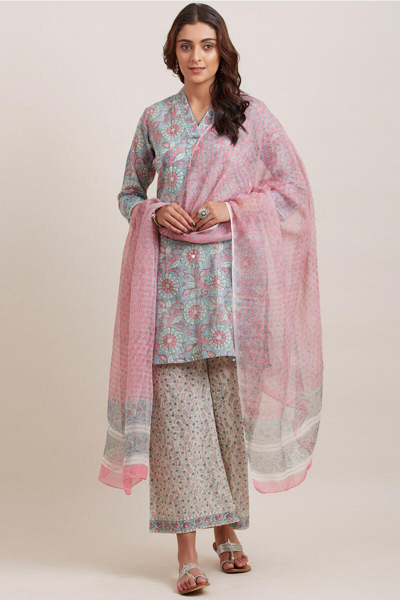 Blue Block Printed Short Cotton Kurta