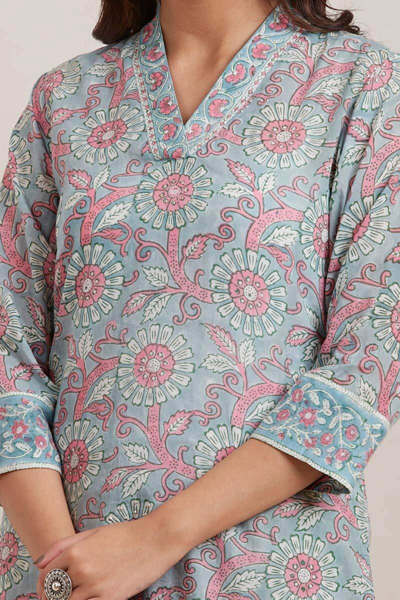 Blue Block Printed Short Cotton Kurta