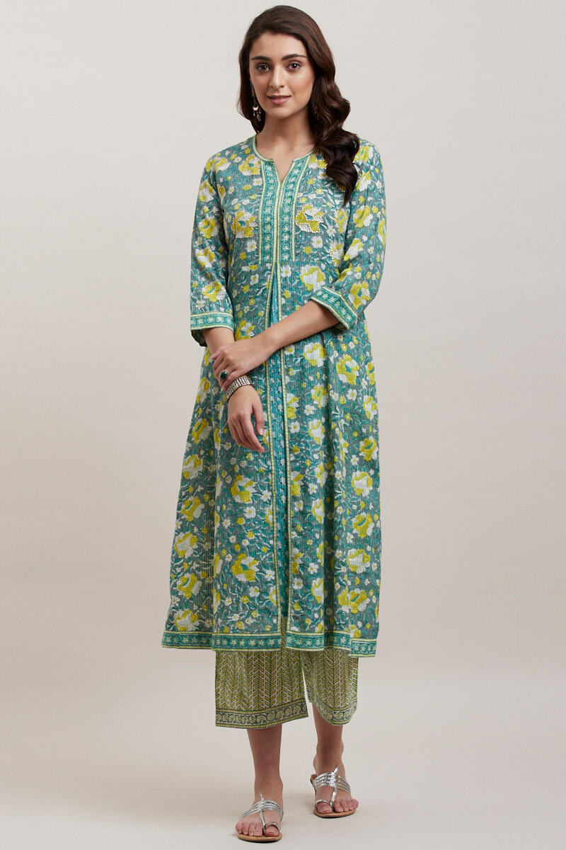 Green Block Printed Cotton Straight Farsi