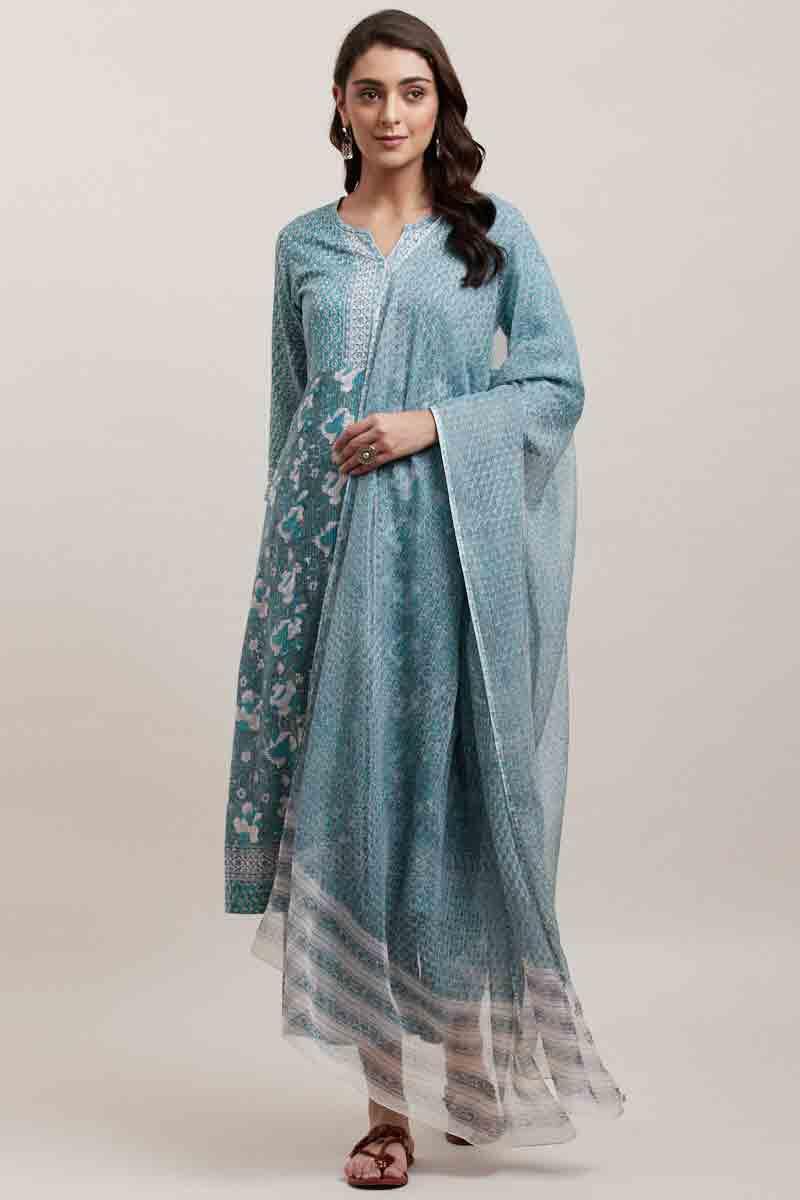 Green Block Printed Kota Dupatta