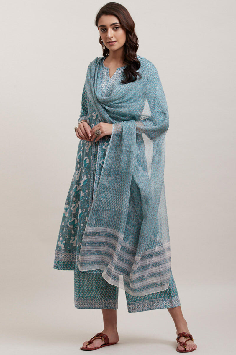 Green Block Printed Kota Dupatta
