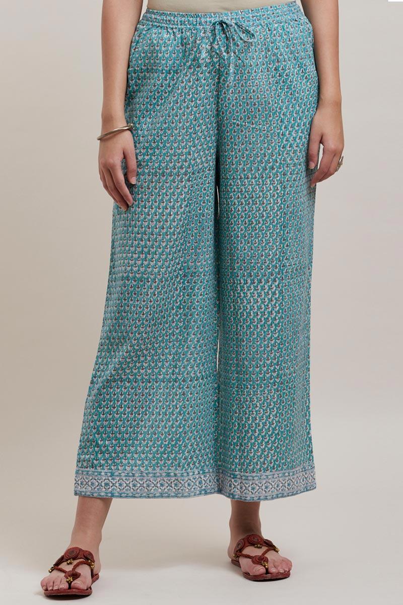 Turquoise Block Printed Cotton Farsi Pants