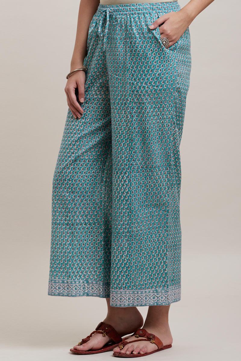 Turquoise Block Printed Cotton Farsi Pants