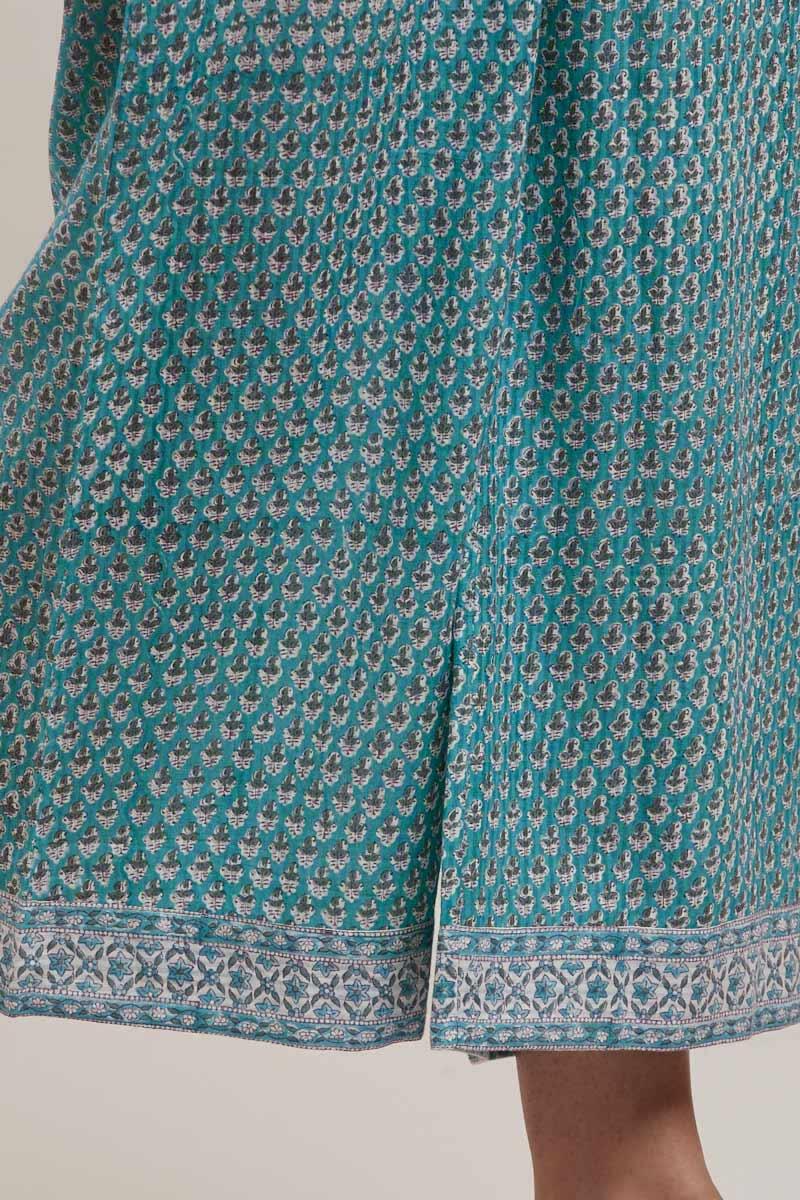 Turquoise Block Printed Cotton Farsi Pants