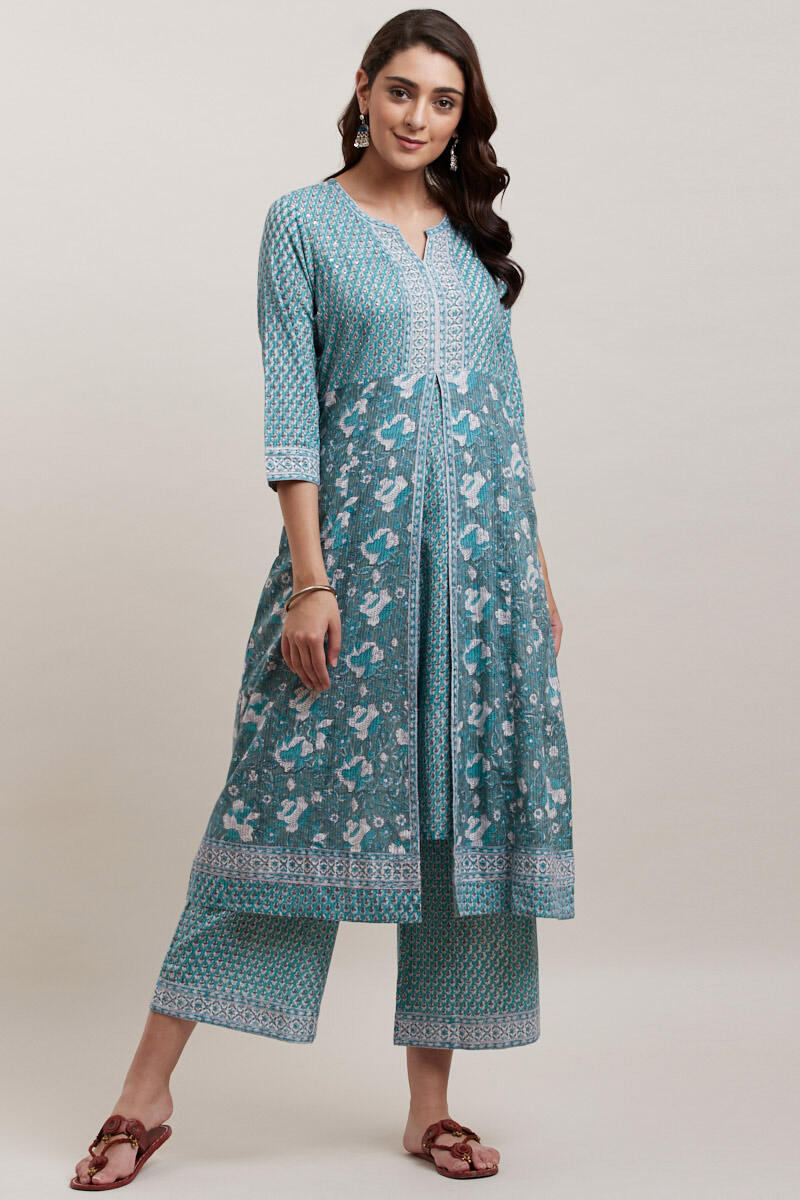 Green Block Printed A-line Cotton Kurta