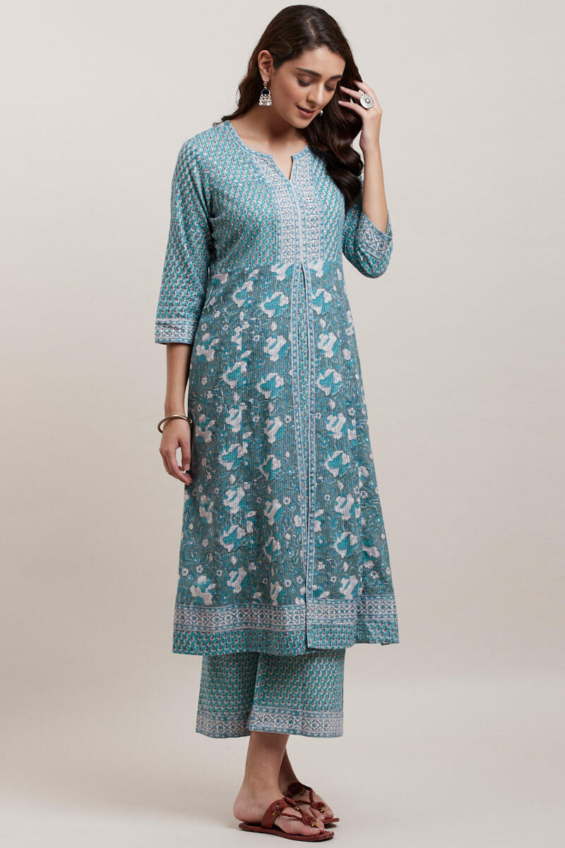 Green Block Printed A-line Cotton Kurta