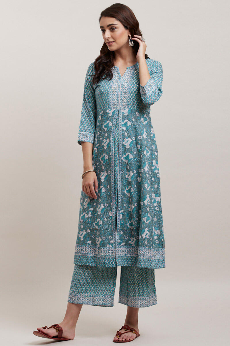 Green Block Printed A-line Cotton Kurta