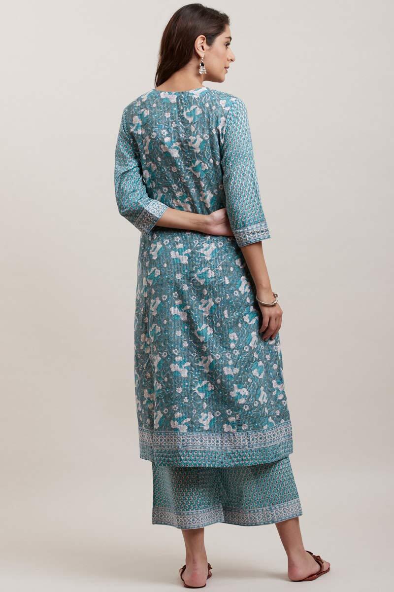 Green Block Printed A-line Cotton Kurta