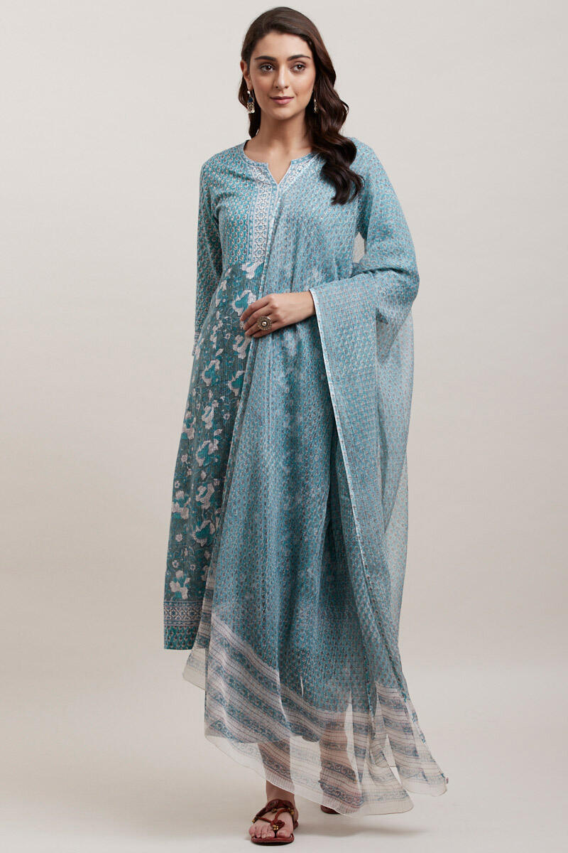 Green Block Printed A-line Cotton Kurta