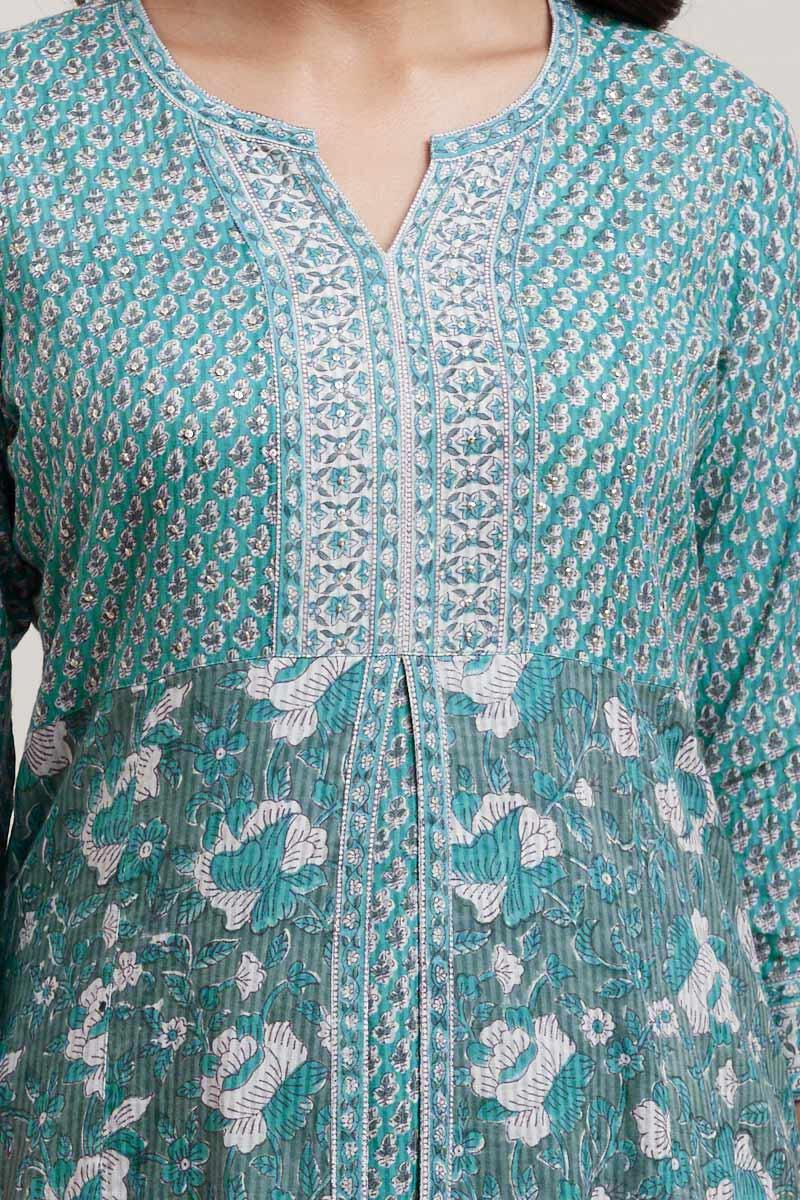 Green Block Printed A-line Cotton Kurta