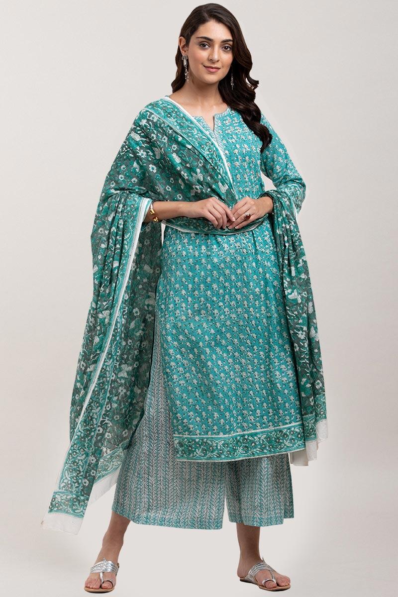 Green Block Printed Cotton Dupatta