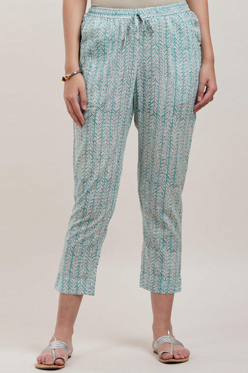 Blue Block Printed Cotton Narrow Pants