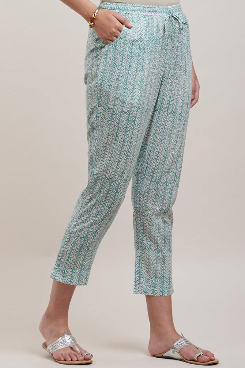Blue Block Printed Cotton Narrow Pants