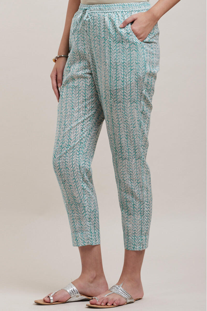 Blue Block Printed Cotton Narrow Pants