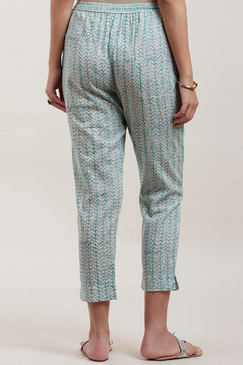 Blue Block Printed Cotton Narrow Pants
