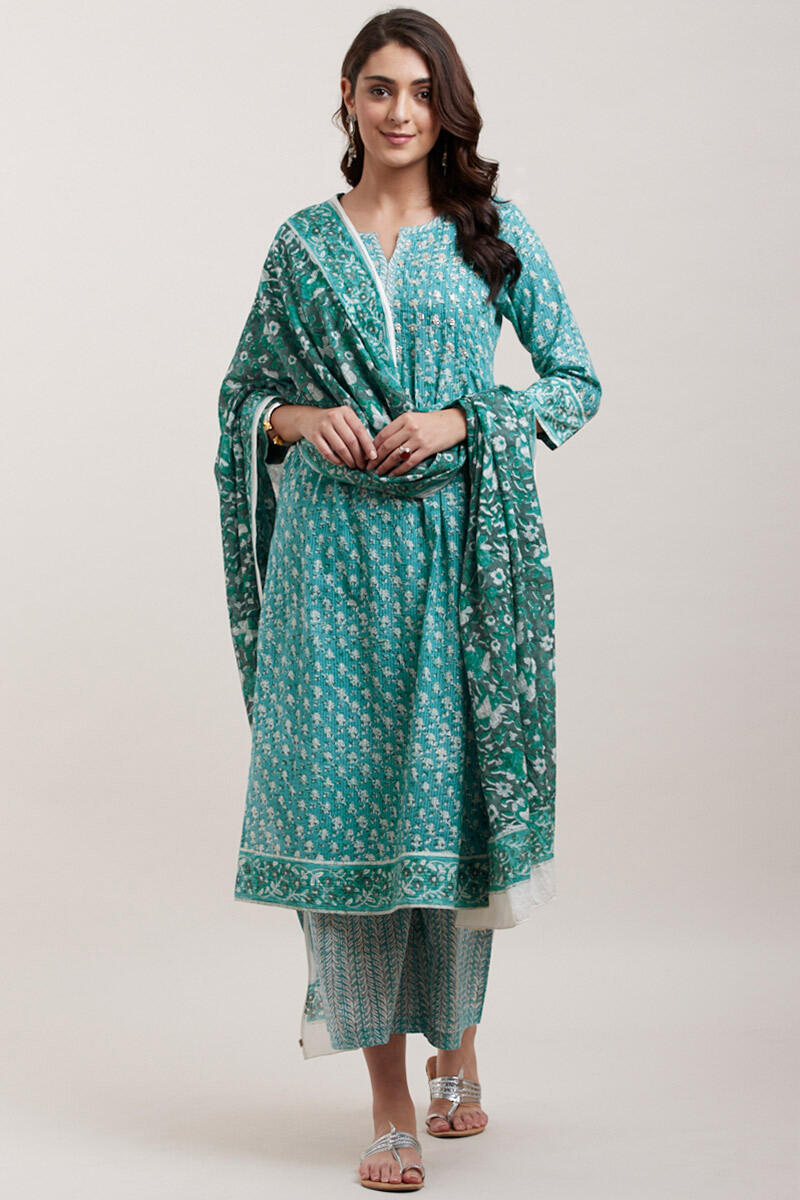 Blue Block Printed Cotton Narrow Pants