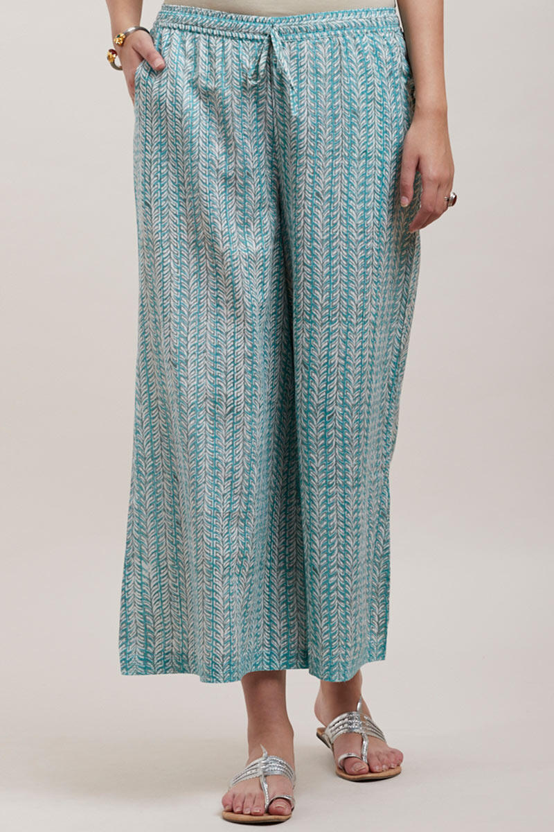 Turquoise Block Printed Cotton Palazzo