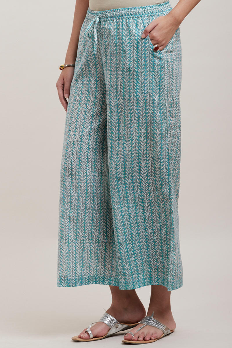 Turquoise Block Printed Cotton Palazzo