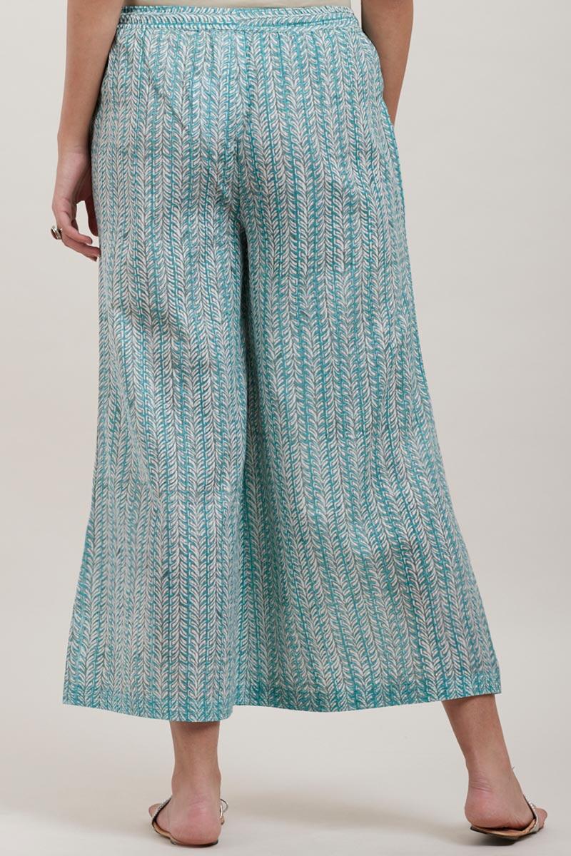 Turquoise Block Printed Cotton Palazzo