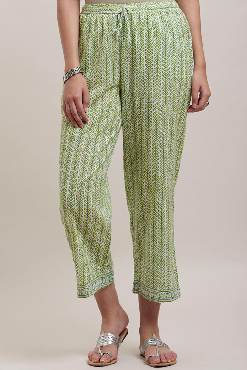 Green Block Printed Cotton Straight Farsi