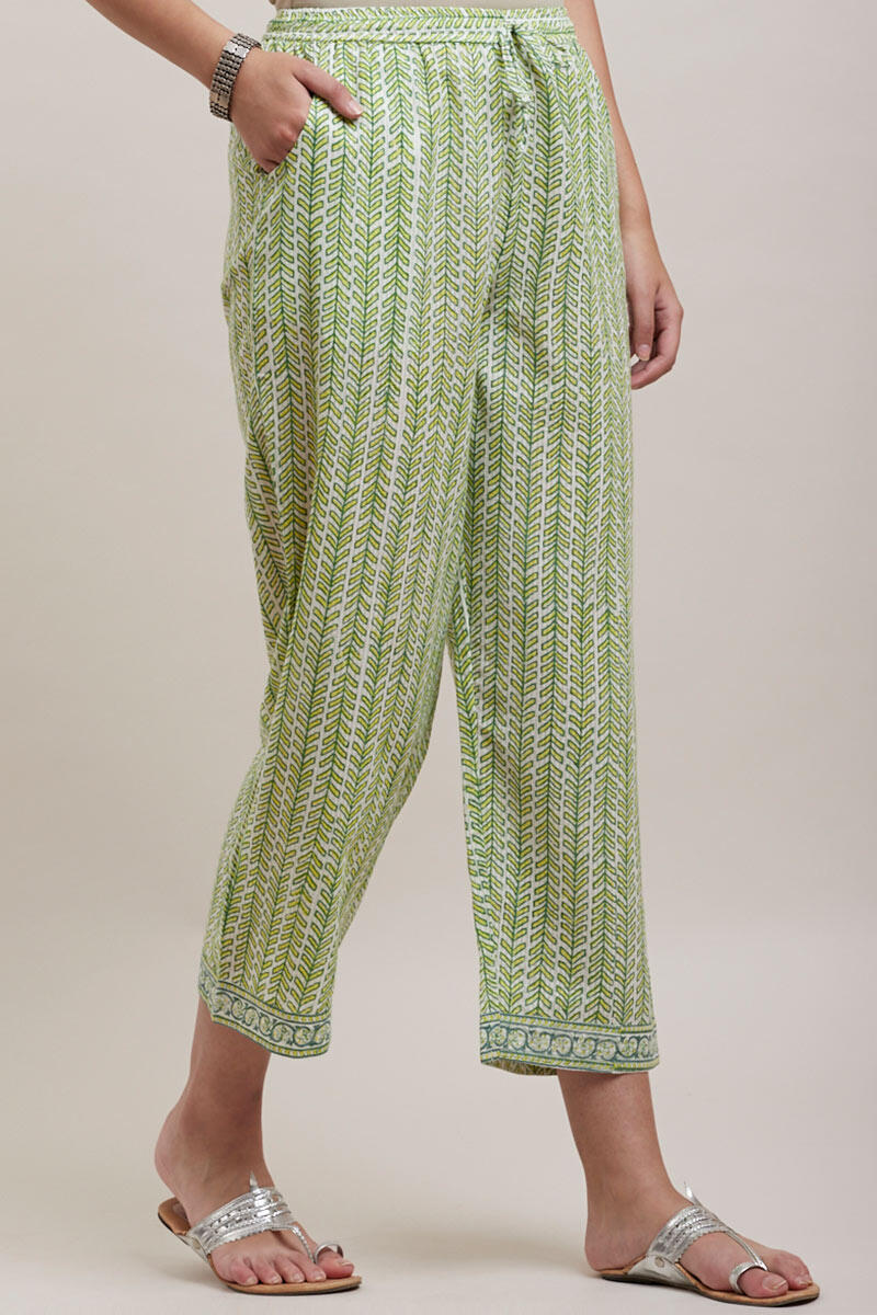 Green Block Printed Cotton Straight Farsi
