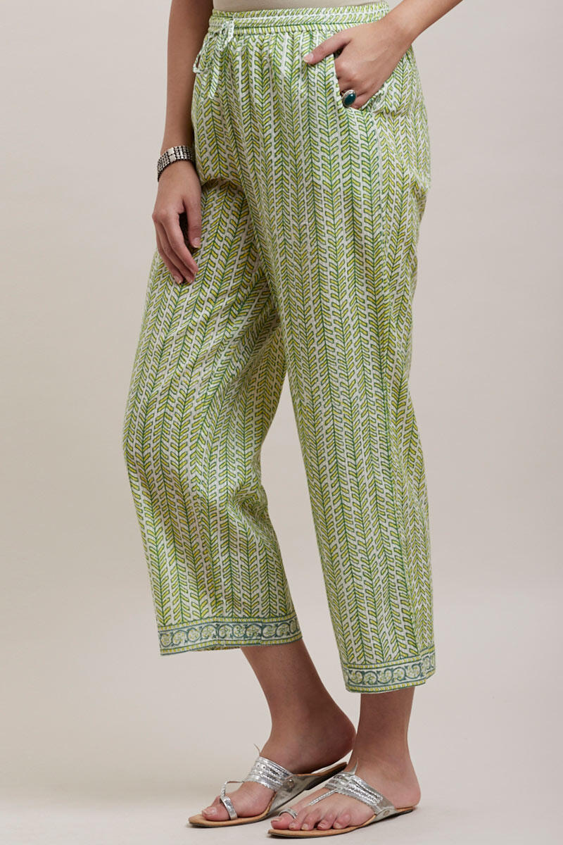 Green Block Printed Cotton Straight Farsi