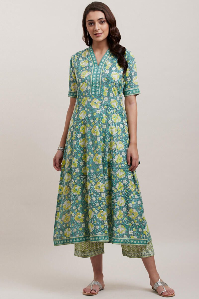 Green Block Printed Anarkali Cotton Kurta