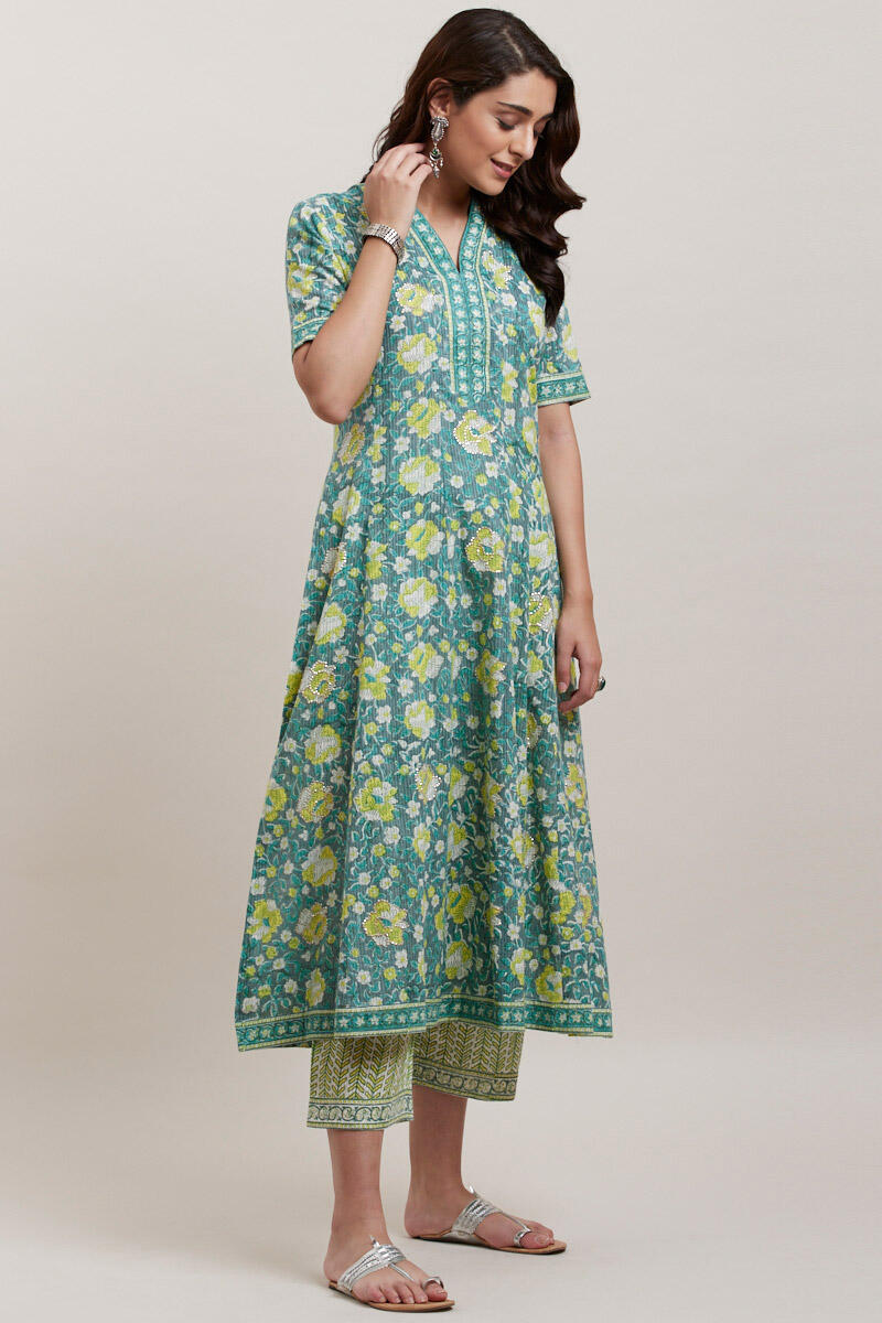 Green Block Printed Anarkali Cotton Kurta
