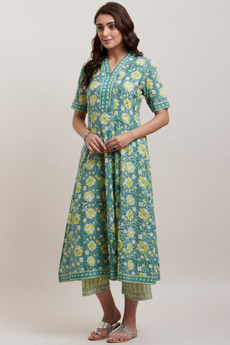 Green Block Printed Anarkali Cotton Kurta