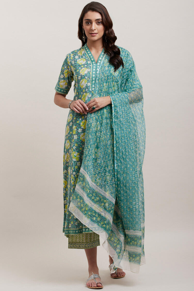 Green Block Printed Anarkali Cotton Kurta