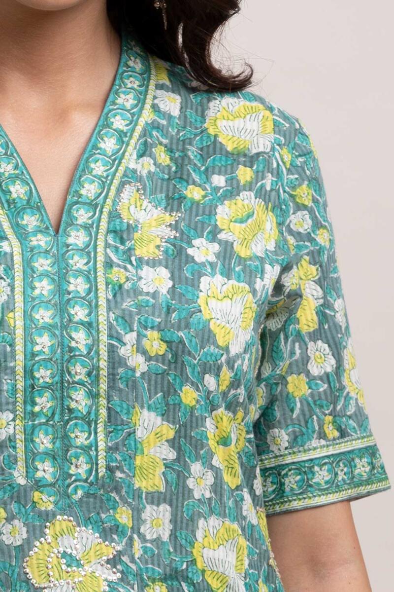 Green Block Printed Anarkali Cotton Kurta