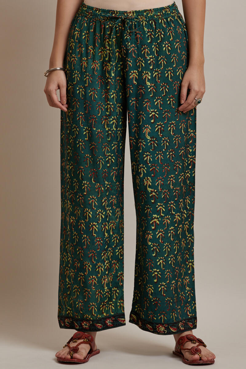 Green Block Printed Shantung Silk Farsi Pants
