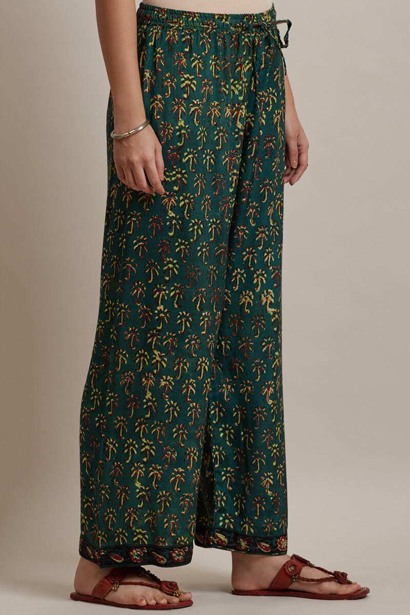 Green Block Printed Shantung Silk Farsi Pants