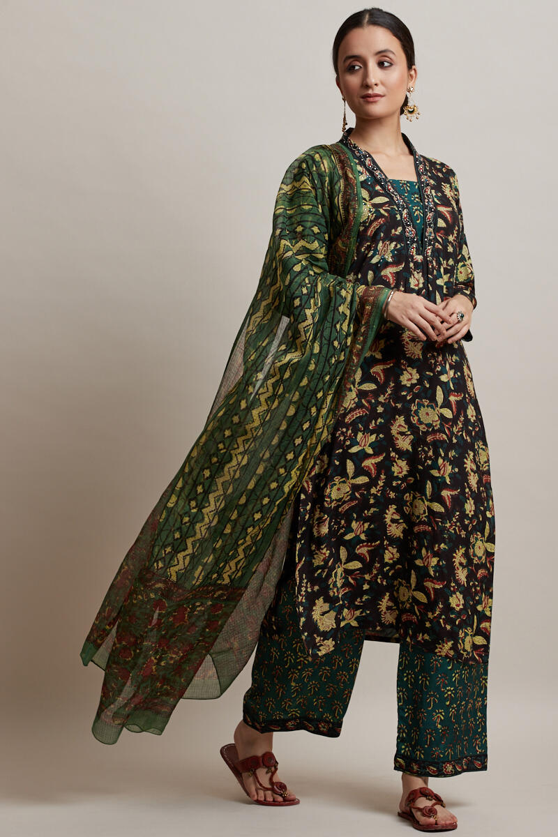 Green Block Printed Shantung Silk Farsi Pants