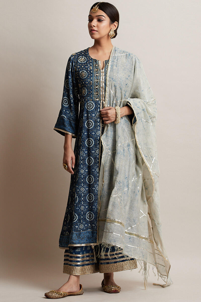 Indigo Block Printed Chanderi Dupatta