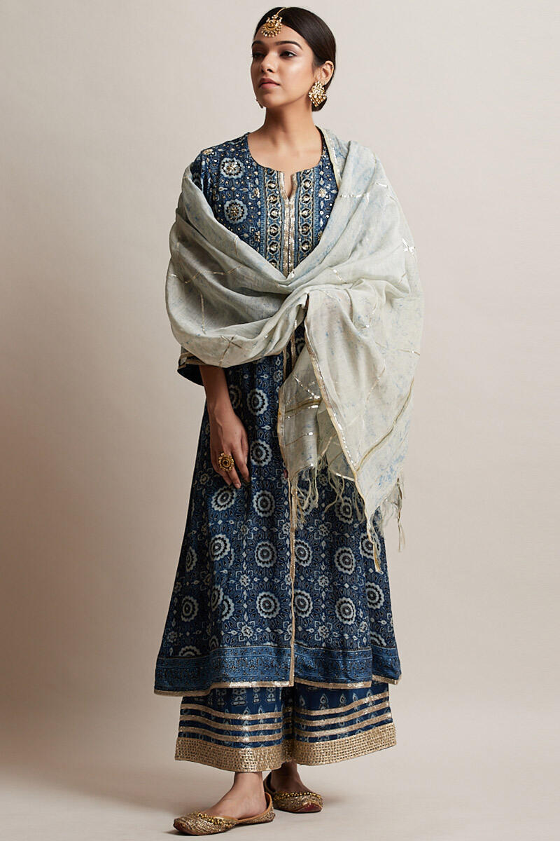 Indigo Block Printed Chanderi Dupatta