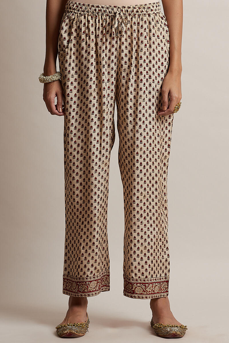 Beige Block Printed Shantung Silk Straight Farsi