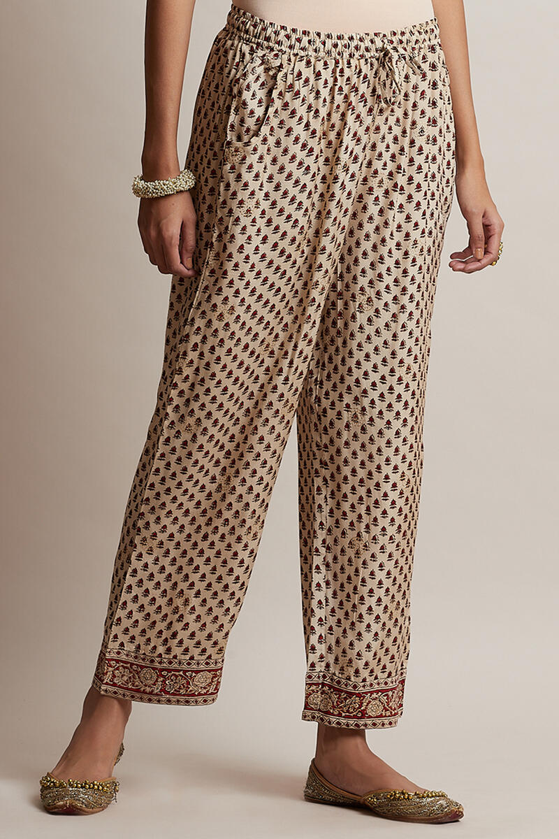 Beige Block Printed Shantung Silk Straight Farsi