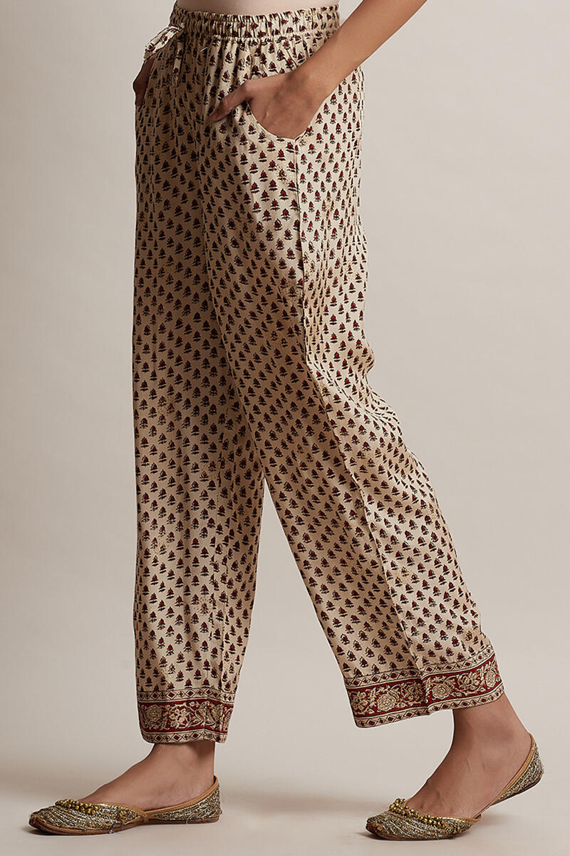 Beige Block Printed Shantung Silk Straight Farsi