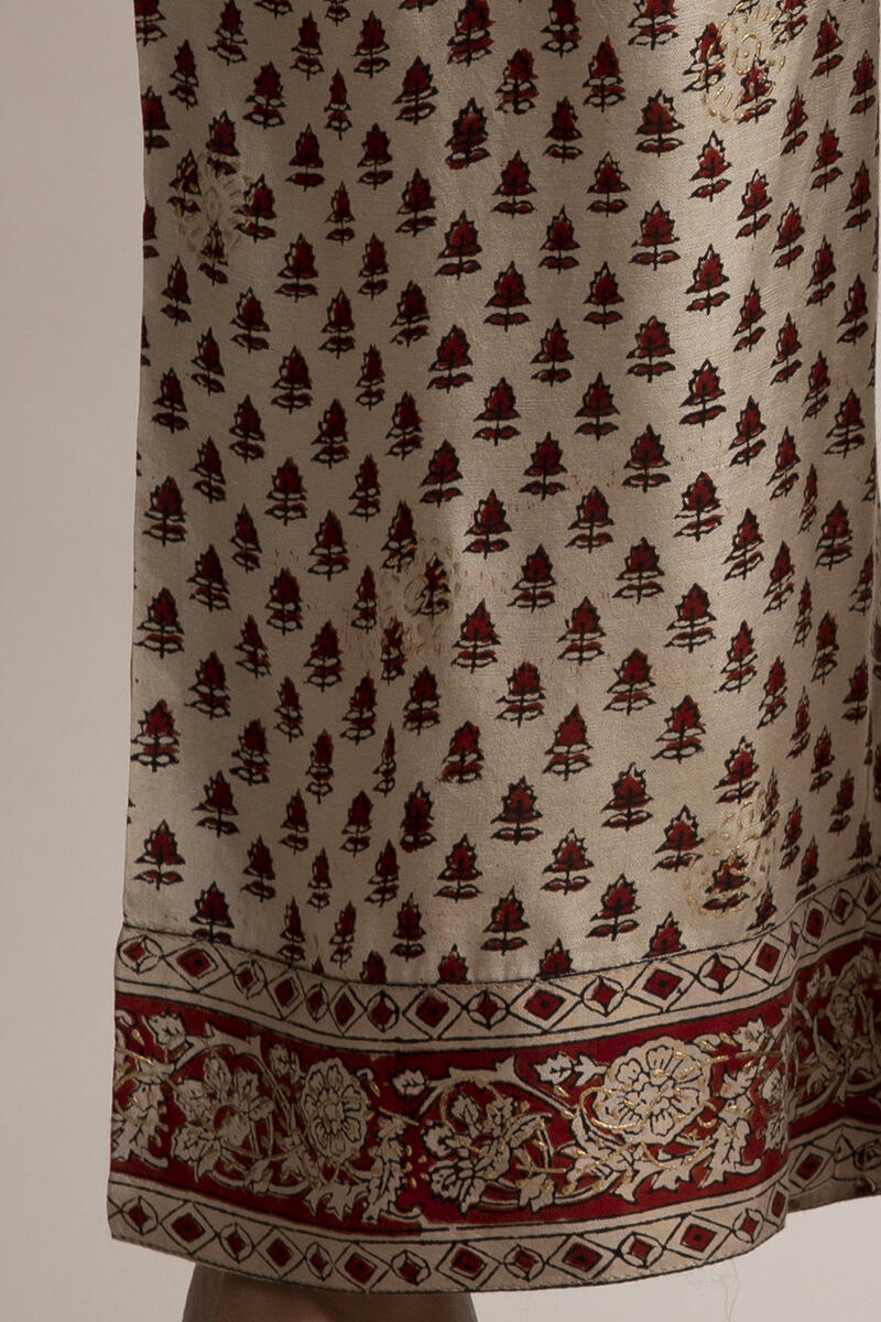 Beige Block Printed Shantung Silk Straight Farsi