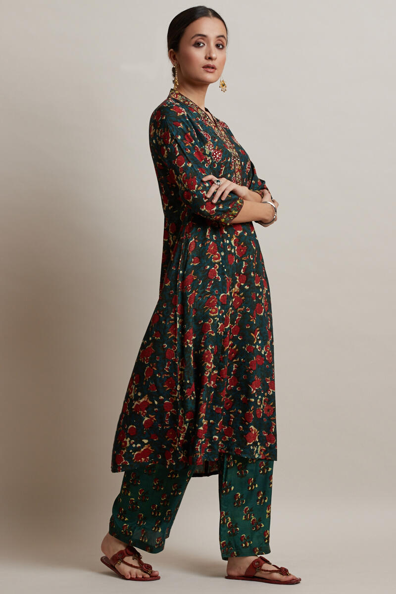 Green Block Printed Straight Shantung Silk Kurta